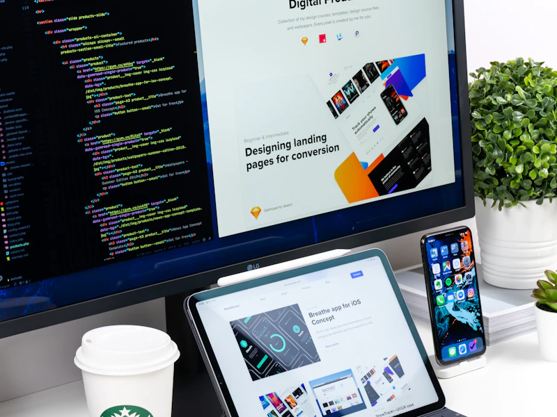 Design de site profissional sendo construído sobre uma mesa de trabalho